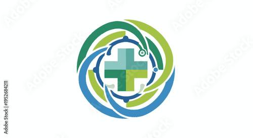 A modern, abstract medical logo featuring a teal and green cross at its center, surrounded by swirling blue and green circular elements, symbolizing healthcare and innovation.