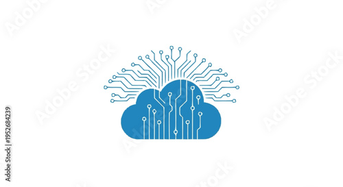 Abstract digital cloud computing concept with integrated circuit board pathways emanating outwards.