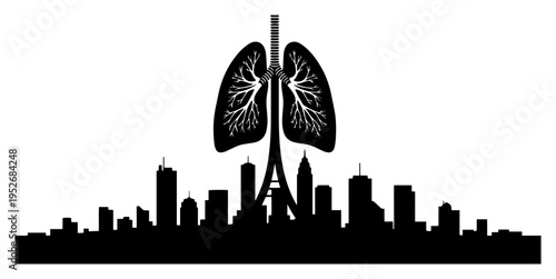 Urban city skyline silhouette with human lungs rising above buildings for environment concept