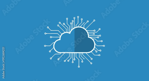 A stylized digital cloud graphic with interconnected circuit board lines radiating outwards on a solid blue background, representing cloud computing and technology.