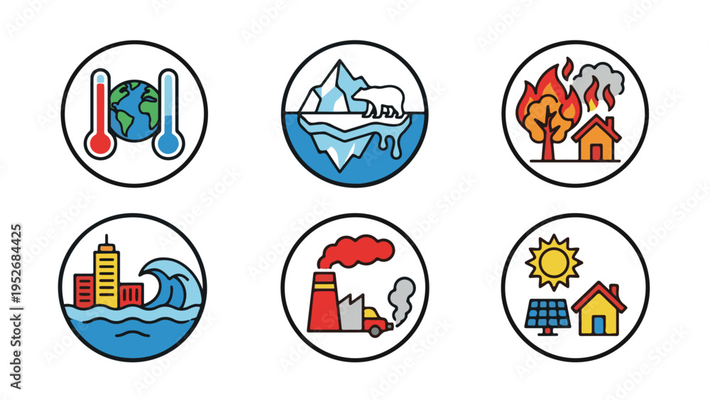 Fototapeta premium Environmental Crisis and Climate Change Badge Icons with Polar Bear, Wildfire, and Factory Emissions