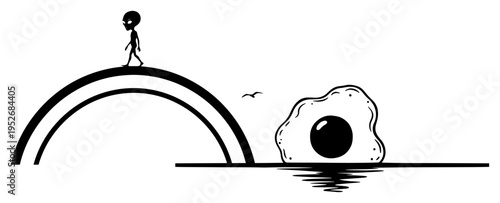 Small alien silhouette walking on arch next to giant fried egg in surreal conceptual style