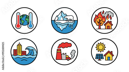 Environmental Crisis and Climate Change Badge Icons with Polar Bear, Wildfire, and Factory Emissions