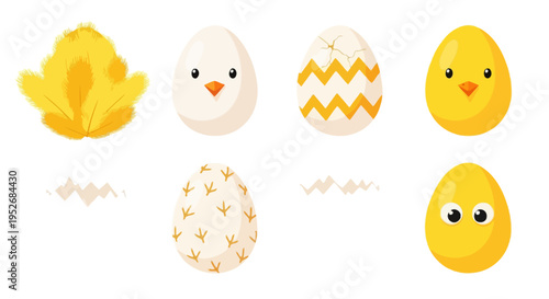 A playful collection of cartoon eggs and chicks with distinct patterns and expressions.