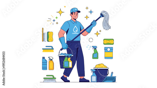 Professional Cleaner: A dedicated cleaner, fully equipped with an array of essential cleaning tools, stands ready to transform any space, embodying precision, commitment, and spotless efficiency.