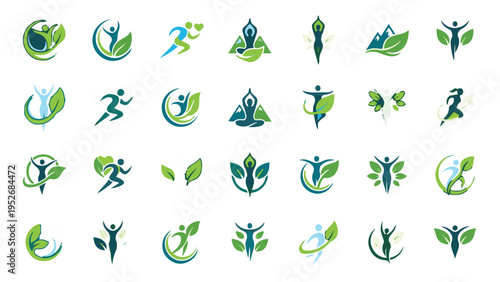 Wellness and Healthy Lifestyle Icon Set with Human Figures, Green Leaves, Yoga, and Fitness Symbols