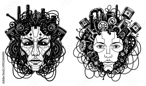 Biomechanical female cyborg faces with mechanical gears and wires in sci-fi ink style