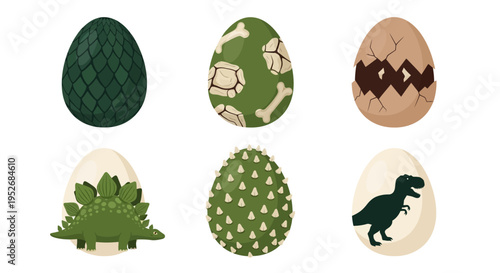 Creative illustrations of dinosaur eggs and related prehistoric elements in a whimsical style