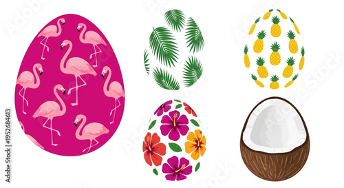 Vibrant tropical eggs and coconut with decorative patterns