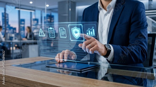 Business professional using holographic security interface over a tablet