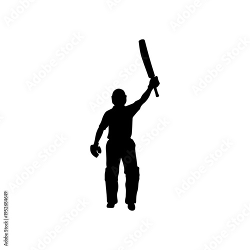 Minimal black silhouette of a cricketer raising bat after scoring a milestone Vector illustration