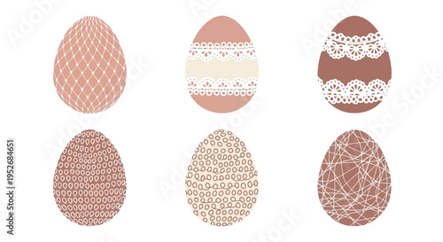 Five stylishly patterned eggs displayed in a minimalist arrangement.