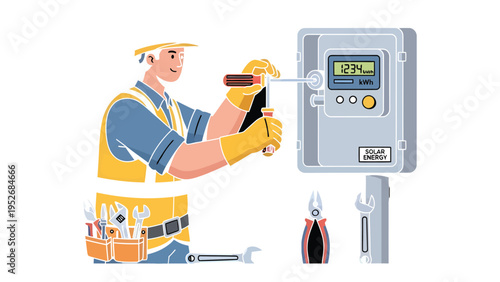 Solar Panel Technician at Work: An electrician skillfully installs and maintains solar panels, representing the modern energy sector's crucial role in a sustainable future. 
