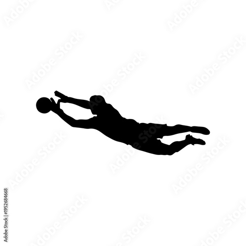 Minimal silhouette of soccer goalkeeper diving to catch a fast moving ball Vector illustration