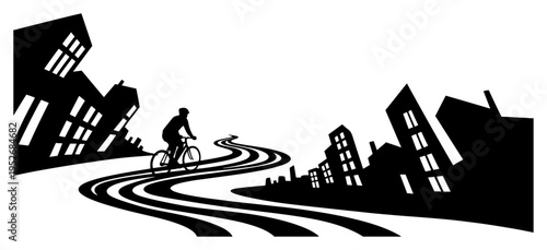 Cyclist riding on winding road through urban city silhouettes in graphic minimalist style