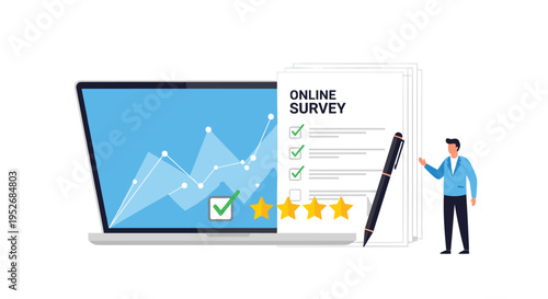 Online survey and customer feedback concept includes a laptop displaying data charts alongside a star rating and checklist.
