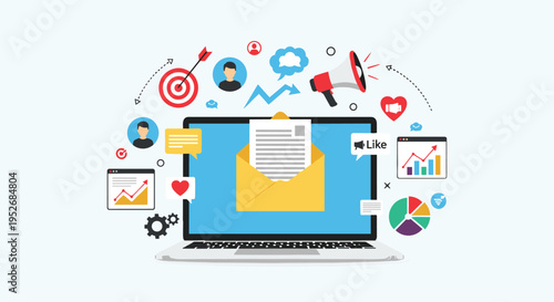 Digital marketing and communication hub features a laptop with an open email surrounded by social media and analytics icons.