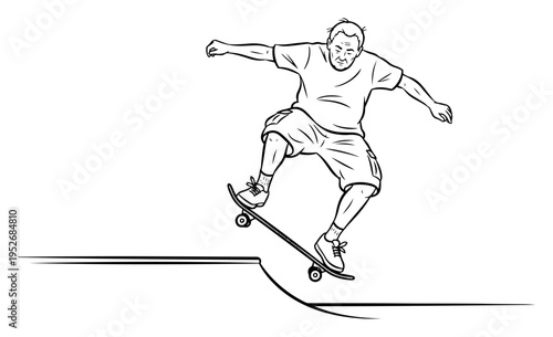 Skateboarder performing jump trick on ramp in minimalist line art style