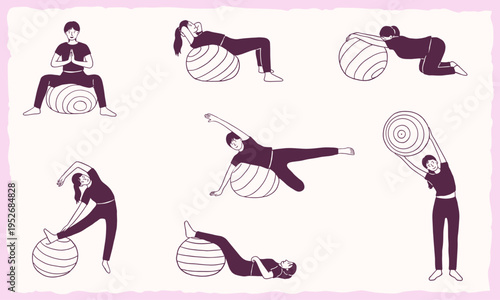 woman exercise with ball hand drawing sketch doodle vector illustration line art  collection set