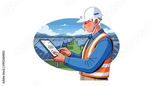 Solar Panel Supervisor: A skilled engineer, poised amidst a solar field, intently monitors the power output on his tablet, symbolizing progress and innovation in sustainable energy.