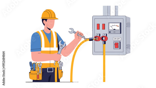 Engineering Precision: An expert technician meticulously inspects a panel, wrench in hand, demonstrating expertise in maintenance, showcasing industry knowledge.
