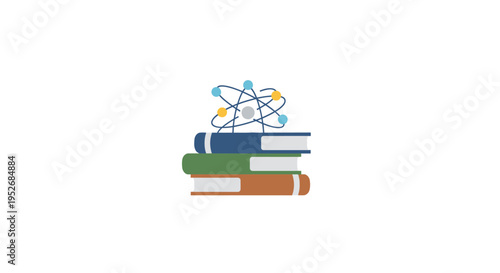 Illustration depicting science education with atom model atop a stack of colorful books
