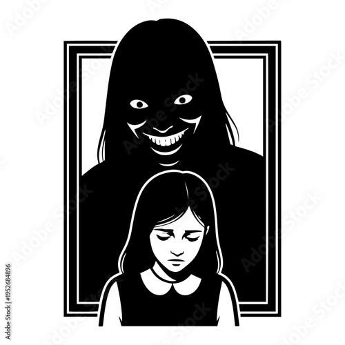 Sad girl with creepy smiling monster shadow in mirror frame in horror minimalist style