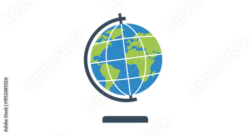 A stylized illustration of a globe, showcasing the world's continents and oceans in color