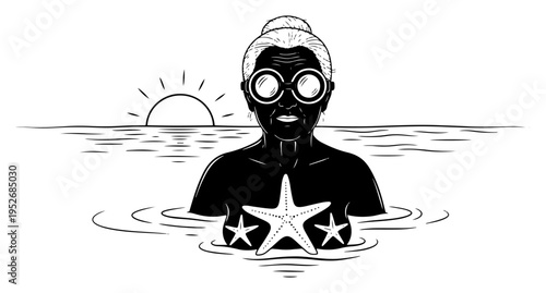 Elderly woman with goggles and starfish swimming in ocean during sunset in graphic style