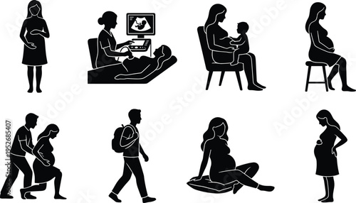 Pregnant Woman Silhouette Vector Collection, Ultrasound Scan Procedure, Maternity Health Care, Mother with Child, Prenatal Yoga and Exercise Icons Set