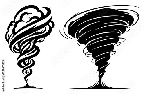Tornado and twister silhouettes representing extreme weather in flat graphic style