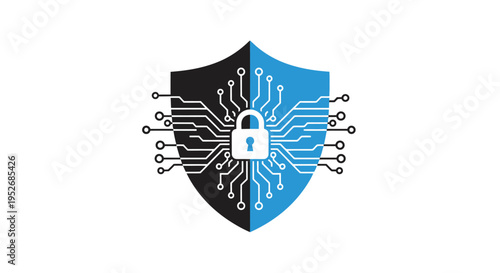 Digital shield with a padlock representing cybersecurity and data protection