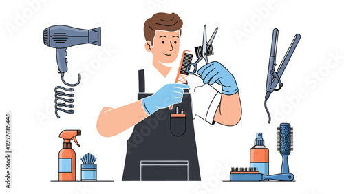 Hair Styling Tools & Stylist: A well-groomed stylist in action, surrounded by an array of professional hair styling tools, ready to create the perfect look.