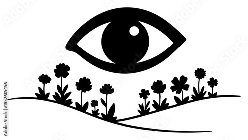 Large eye watching over flower field and hills in surreal minimalist black and white style