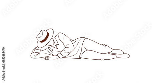 A reclining woman wearing a hat and clothing line art illustration