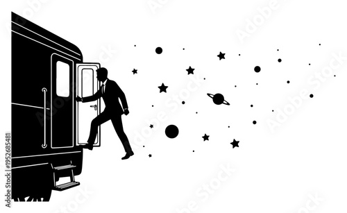 Businessman entering a train car leading to outer space in surreal minimalist style