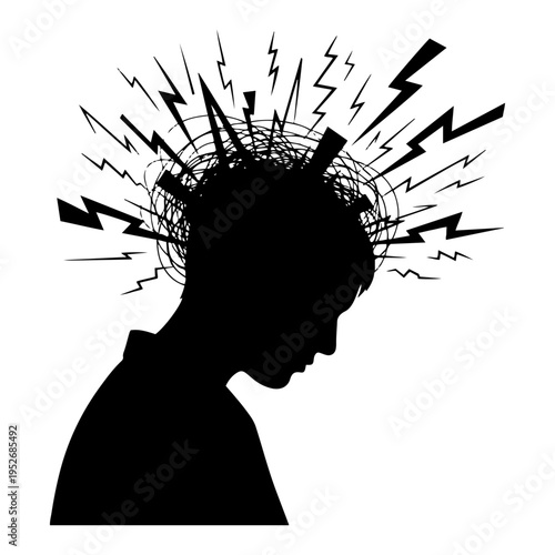 Human head silhouette experiencing mental chaos and lightning bolts in conceptual minimalist style