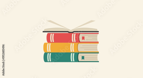 Illustration of stacked colorful books with an open book on top, reading concept
