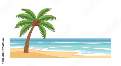 Solitary palm tree on serene sandy beach in warm sunny lighting for travel brochure
