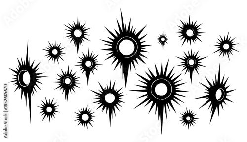 Multiple spiked sunburst shapes and celestial orbs in minimalist black and white style