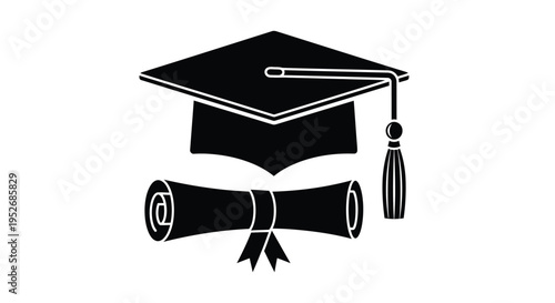 Graduation cap and diploma scroll in a minimalist black and white design