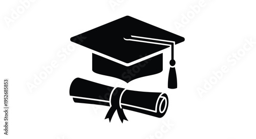 A black graduation cap and diploma scroll representing academic achievement