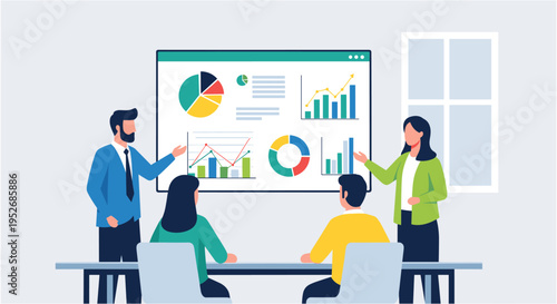 Business people presenting data charts on screen in meeting room with professional teamwork for corporate finance