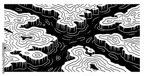 Abstract topographic landscape of jagged islands and flowing water in black and white line art style