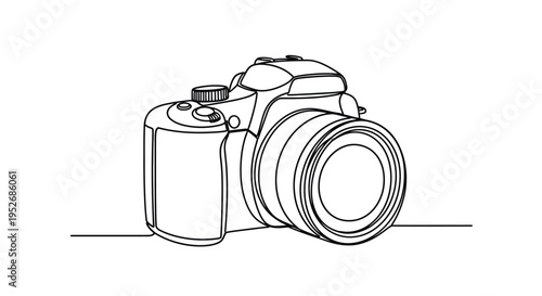 Minimalist line drawing of a digital slr camera on a white background
