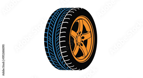 Illustration of a car tire with a golden rim and blue tread pattern