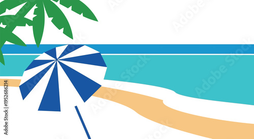 Beach umbrella in sunny coastal scenery with palm tree in bright colorful illustration for travel advertising