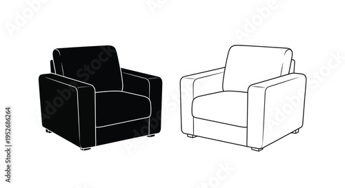 Two modern armchairs one black and one white shown in a minimalist style