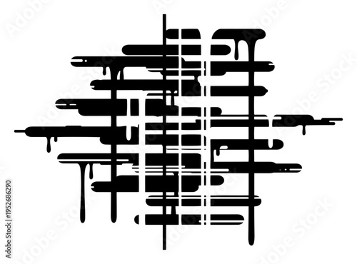 Geometric grid with dripping horizontal lines and vertical bars in minimalist technical style