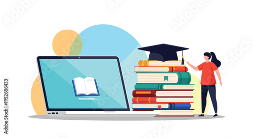 Student engages in digital education with a laptop showing a book next to a tall stack of textbooks and a graduation cap.